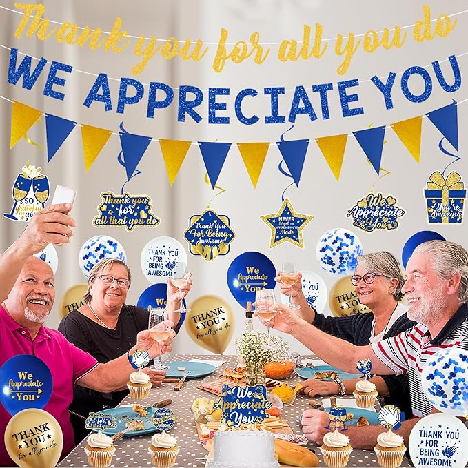 DARUNAXY Blue Gold We Appreciate You Decorations, Thank You All You Do Banner Hanging Swirl Confetti Balloons for Retirement Office Coworker Staff Teachers Nurse Appreciation Gifts Party Supply