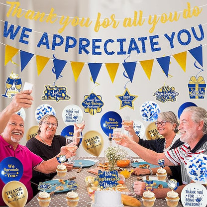 DARUNAXY Blue Gold We Appreciate You Decorations, Thank You All You Do Banner Hanging Swirl Confetti Balloons for Retirement Office Coworker Staff Teachers Nurse Appreciation Gifts Party Supply