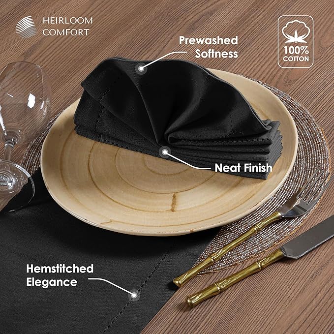 Black Cloth Napkins 18"x18" - Set of 12 - Absorbent, Soft, Durable, Washable, Reusable 100% Cotton - Hemstitch Mitered Edges - Ideal for Everyday, Parties, Weddings, Formal Dinners