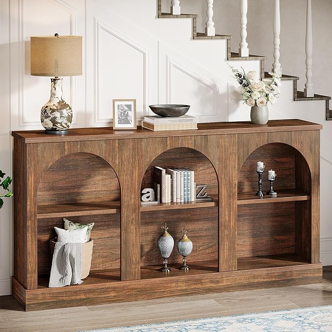 Tribesigns Farmhouse Console Table, 63-Inch Long 3 Tier Entryway Table with Storage, Wooden Rectangular Sofa Table Behind The Couch for Entrance, Hallway, Living Room, Dark Brown