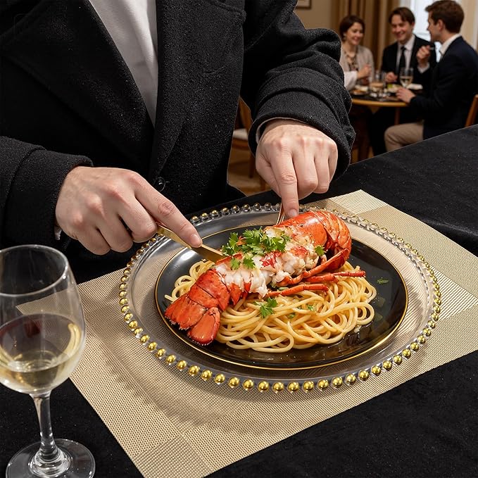 KIRE 175Pcs Black Plates Disposable - Heavy Duty Black and Gold Plastic Plates- 25 for Dinner 25 for Dessert 25 Pre Rolled Gold Silverware and 25 Cups for New Year/Birthday Party