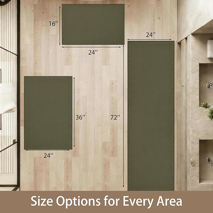 Waffle Bath Mat Non Slip, Boho Bathroom Rug, Super Absorbent Quick Dry Bathroom Mat, Soft Farmhouse Bath Rug with Tassels, Small Washable Shower Mats for Floor 20"x32", Olive Green