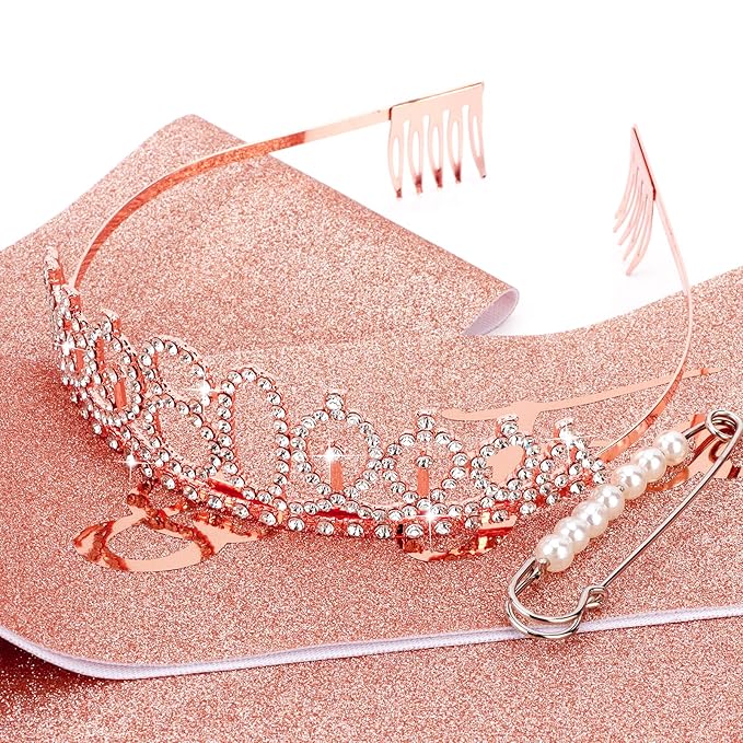 CIEHER 80th Birthday Crown + Sash + Pearl Pin Set, Elegant Gift for Women's 80th Birthday Party Decorations