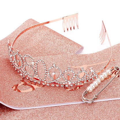 CIEHER 80th Birthday Crown + Sash + Pearl Pin Set, Elegant Gift for Women's 80th Birthday Party Decorations