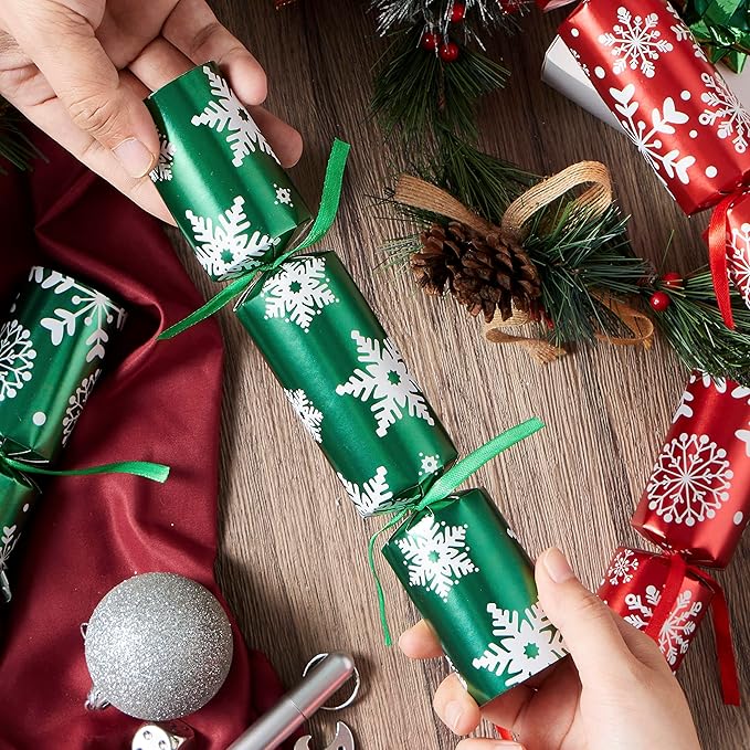JOYIN 12 Pack Christmas Non-Snap Party Favor, Red & Green Snowflake Party Table Favor Includes Party Hat, Jokes & Gifts, Xmas Gifts Prizes for Christmas Holiday Dinner Traditions Supplies