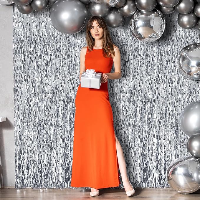 2 Pack 3.2x6.5 Feet Wavy Silver Foil Curtain Backdrop Metallic Tinsel Foil Fringe Curtains Photo Booth Props for Birthday Bachelorette Wedding Engagement Baby Shower Disco Party Decorations