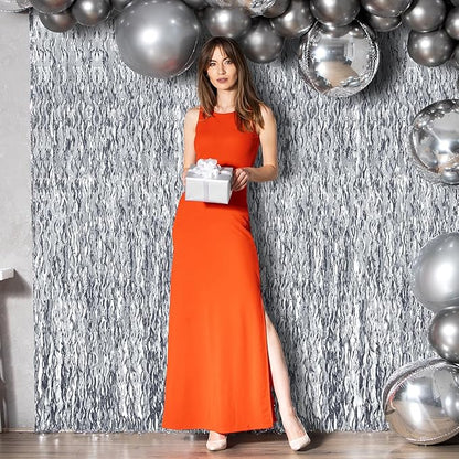 2 Pack 3.2x6.5 Feet Wavy Silver Foil Curtain Backdrop Metallic Tinsel Foil Fringe Curtains Photo Booth Props for Birthday Bachelorette Wedding Engagement Baby Shower Disco Party Decorations