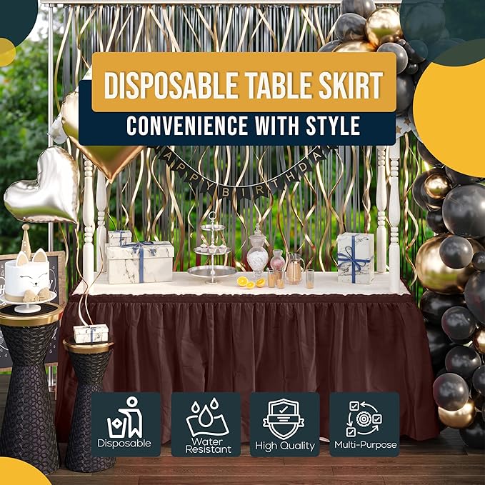 Exquisite Ruffle Table Skirt Brown 2 Pack 14 Ft Long Table Skirts for Rectangle Tables 6ft Plus or Round Tables Skirts with Adhesive Strip for Gender Reveal Decor & Happy Birthday Parties