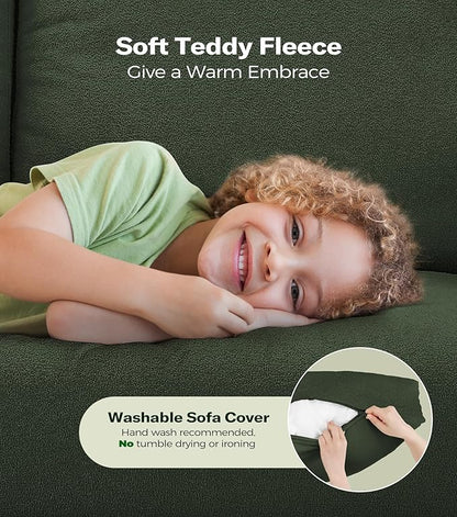 83" Couches for Living Room, Comfy Sofas for Living Room with Storage Ottomans, Teddy Sofa Couch, Tool-Free Loveseat Sofa, All-Wood Love Seat Couches, U Shaped Couch 2 Pillow Included, Green