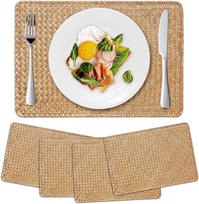 4 Pack Woven Placemats, Rectangular Rattan Place mats, Natural Seagrass Placemats, Farmhouse Wicker Table Mats for Dining Table