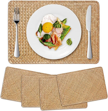 4 Pack Woven Placemats, Rectangular Rattan Place mats, Natural Seagrass Placemats, Farmhouse Wicker Table Mats for Dining Table