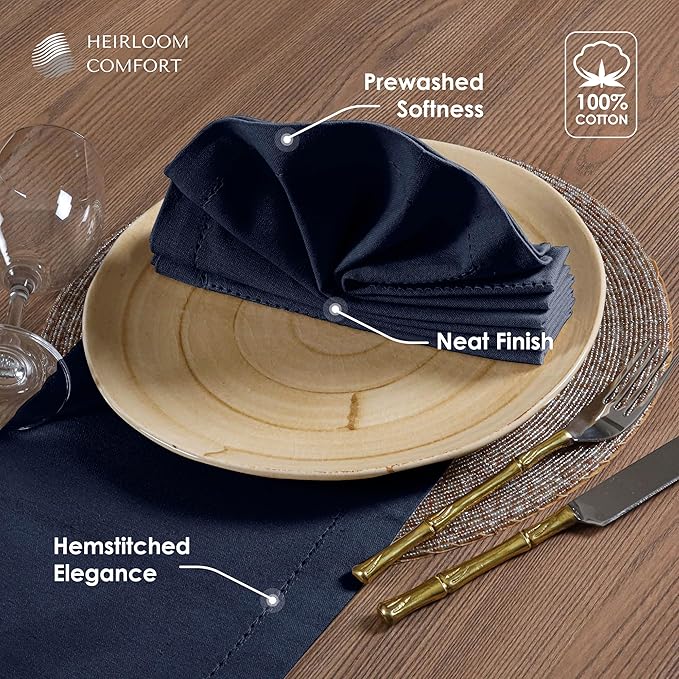 Navy Blue Cloth Napkins Set of 6, 18 x 18 Inch - 100% Cotton, Reusable, Soft, Absorbent, Washable - Elegant Hemstitch Mitered Edges - Ideal for Weddings, Dinner, Holiday Gatherings