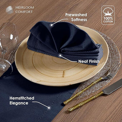 Navy Blue Cloth Napkins Set of 6, 18 x 18 Inch - 100% Cotton, Reusable, Soft, Absorbent, Washable - Elegant Hemstitch Mitered Edges - Ideal for Weddings, Dinner, Holiday Gatherings