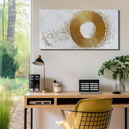 Abstract Hand Painted Wall Art for Living Room White and Gold Wall Decor for Office Circle Wall Art for Bedroom Size 20 x 40 Inch
