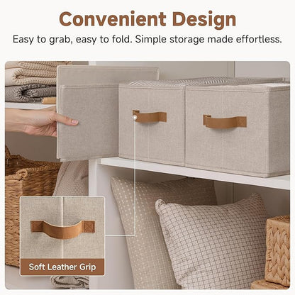StorageWorks Shelf Baskets for Organization, Linen Closet Organizers and Storage Basket, Foldable Storage Bins, Closet Organizer Bins for Clothes, Brown & Beige, 3-Pack, Large