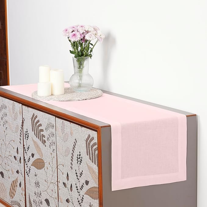D'Moksha Homes Linen Pastel Pink Table Runner 120 Inches Long - 100% Pure Linen Dining Table Runner 14 x 120 Inch for Winter, Christmas, Holiday - Machine Washable