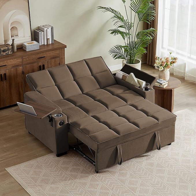 66" Multi-Functional Pull-Out Sofa Bed with Hidden Side Table, Storage Armrests, Built-in Charging Port, Spring Mattress, Solid Wood Frame – Ideal for Small Spaces, Easy Assembly