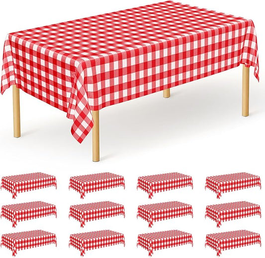12Pack 54" x 108" Table Cloth Rectangle Table, Waterproof Plastic Table Cloth Ddisposable, Red and White Checkered Tablecloth Table Cover for Outdoor Picnic Birthday Party Gathering BBQ Holiday Dinner