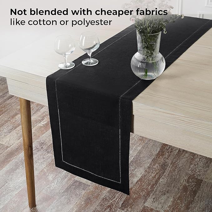 D'Moksha Homes Linen Black Table Runner 72 Inches Long - 100% Pure Linen Hemstitch Table Runner 14 x 72 Inch for Dresser, Dining, Winter, Christmas, Holiday - Classic Hemstitch