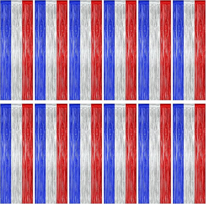 12 Pack 4th of July Decorations, 3.28 FT x 7.05 FT Patriotic Tinsel Backdrop, Metallic Blue Silver Red Fringe Curtains Party Streamer Foil Backdrop, Independence Day Party Supplies Patriotic Decor