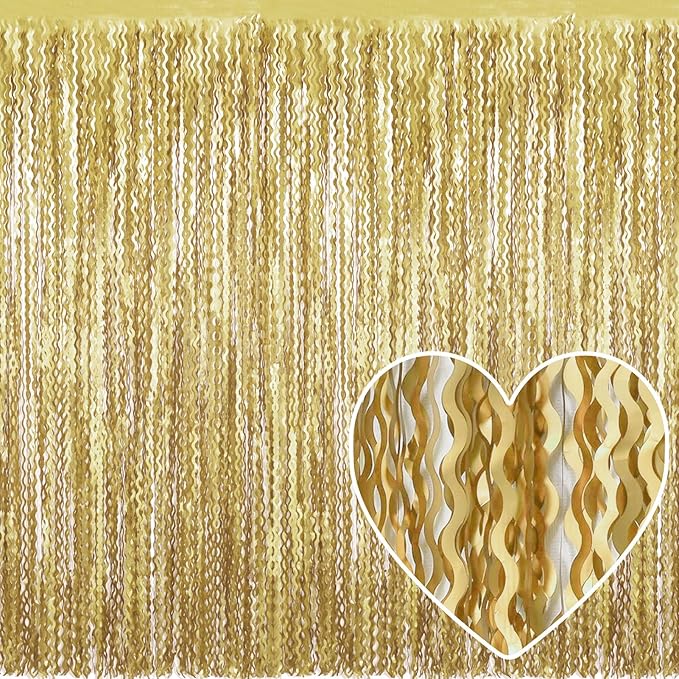 4 Pack Light Gold Fringe Curtain Backdrop 3.2Ft x 8.2Ft Metallic Tinsel Foil Fringe Streamers Background for Photo Booth Mother's Day, Easter, Carnival, Birthday, Wedding Party Decoration