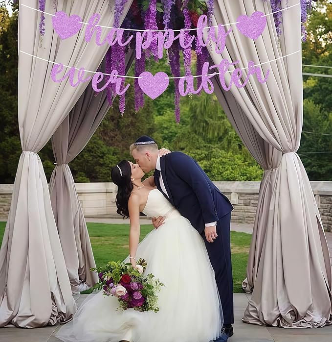 Pre-Strung Happily Ever After Banner - Purple Glitter Bachelorette Bridal Engagement Party Decoration Supplies, Bachelorette Wedding Party Banner for Engagement, Bridal Shower, Wedding Party Photo Booth Props