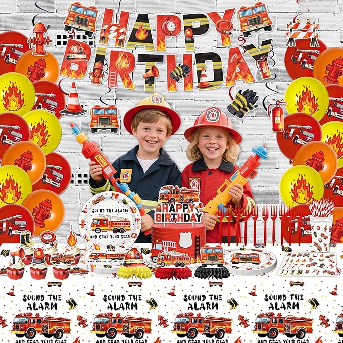 Fire Truck Party Supplies Firetruck Birthday Decorations Firefighter Disposable Plates Napkins Set, Banner, Hanging Swirls, Tablecloth, Cake Topper, Balloon, Fireman Honeycomb Centerpieces