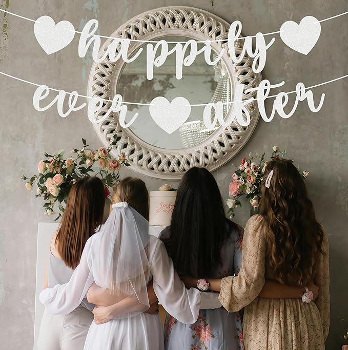 Pre-Strung Happily Ever After Banner - Silver Glitter Bachelorette Bridal Engagement Party Decoration Supplies, Bachelorette Wedding Party Banner for Engagement, Bridal Shower, Wedding Party Photo Booth Props