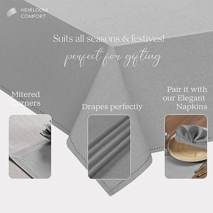 Ash Grey Cotton Tablecloth, Tabletop 52x70 Inch, Fits 4-6 Seats, Soft, Durable, Washable, Wrinkle Resistant, Rectangle Table Cloth for Dining, Events, Modern Decor, Home Dining