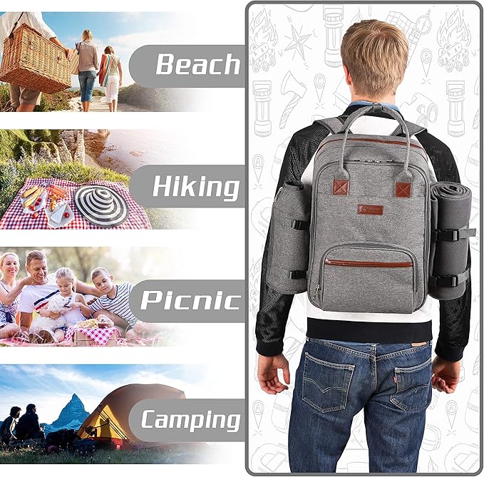 ALLCAMP Picnic Backpack - Insulated Cooler Bag with Compartment, Detachable Wine Glass Holder, Throw Blanket & Cutlery Set, 2 Person Picnic Set for Family Outings, Couple Gifts (Gray)