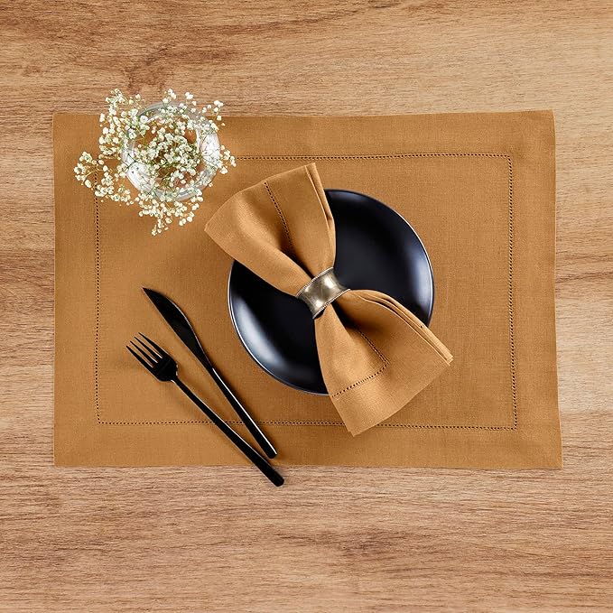 Solino Home Linen Cloth Napkins Set of 4-100% Pure Linen Brown Sugar Dinner Napkins 20 x 20 Inch for Fall, Autumn - Classic Hemstitch, Handcrafted and Machine Washable