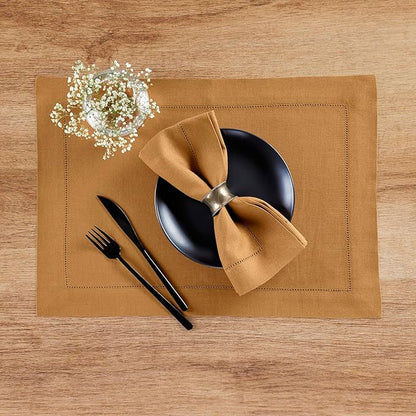 Solino Home Linen Cloth Napkins Set of 4-100% Pure Linen Brown Sugar Dinner Napkins 20 x 20 Inch for Fall, Autumn - Classic Hemstitch, Handcrafted and Machine Washable