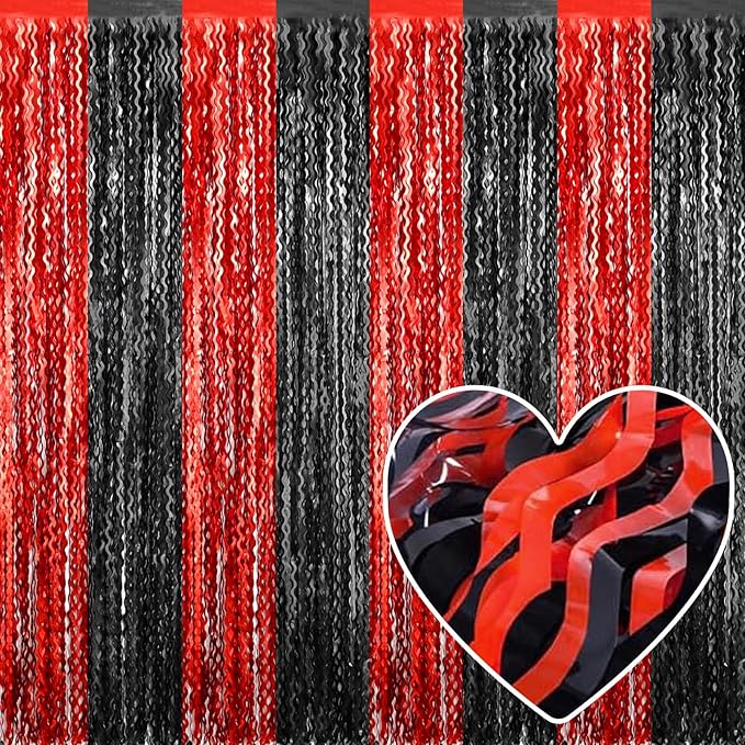 4 Pack Black Red Fringe Curtain Backdrop 3.2Ft x 8.2Ft Metallic Tinsel Foil Fringe Streamers Background for Photo Booth Mother's Day, Easter, Carnival, Birthday, Wedding Party Decoration