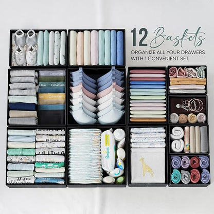 NEATERIZE Drawer Organizer Clothes Set of 12 Black - Dresser Organizer For Nursery, Bedroom, Closet
