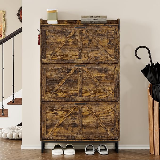 Shoe Cabinet with 3 Flip Drawers Narrow Shoe Storage Cabinet Organizer Wooden Freestanding Shoe Rack Hidden Slim Shoes Storage Cabinet for Entryway, Hallway, Living Room, Bedroom