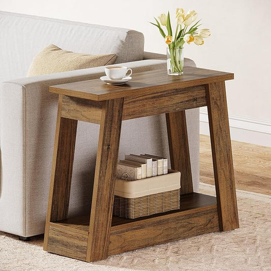 Tribesigns Wood End Table, Small Side Table with 2 Storage Shelves, Rustic Accent Narrow Nightstand for Living Room, Bedroom (1, Rustic Brown)