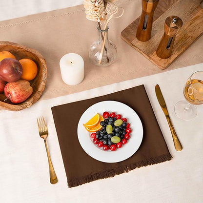 Blue Needles Handmade Cotton Linen Cloth Napkins with Fringes - Set of 6 Nut Brown Dinner Table Napkins 18x18 Inch Hemmed Edges Washable, Soft, Reusable, Perfect for Fall Thanksgiving & Family Dinner