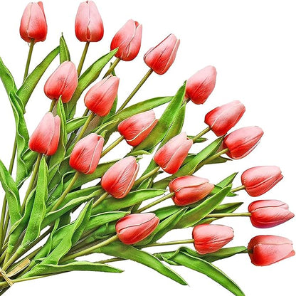ONLY ART Artificial Coral Tulips 20 Pcs – 13.5 Inch PU Faux Flowers with Bendable Stems for Home Décor, Wedding Centerpieces, DIY Floral Arrangements, Table Decorations