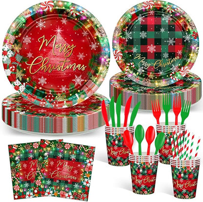 Avezano 192 Pcs Christmas Paper Plates and Napkins Merry Chirstmas Party Tableware Decorations Plaid Christmas Tree Disposable Dinnerware Set Serve 24 (Red)
