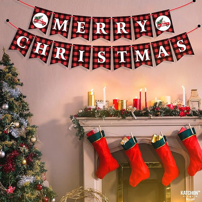 KatchOn, Merry Christmas Banner for Mantle- Large, 10 Feet, No DIY | Red and Black Christmas Fireplace Banner | Buffalo Plaid Christmas Decorations Indoor | Xmas Party Decorations | Xmas Decorations