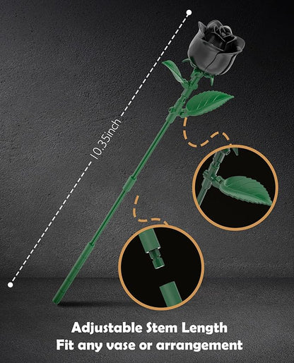 Black Roses Flower Bouquet Building Blocks Set, Botanical Collection Artificial Flowers Compatible with Lego Flowers, Christmas Decorations Gift for Adults Teens