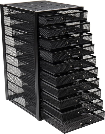 Mind Reader 10-Drawer Desk Organizer for Office Supplies, Crafts, Mail Sorting & More, Metal Mesh, 10.75"L x 14"W x 21.25"H, Black