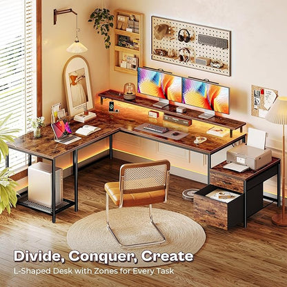 PRAISUN 66" L Shaped Gaming Desk with LED Lights & Power Outlets, Computer Desk with Fabric Drawers and Print Stand, Corner Office Desk, Monitor Stand, Mesh CPU Stand, Rustic Brown