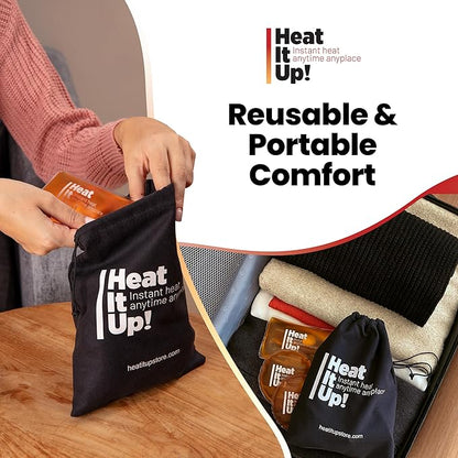 Reusable Hand Warmers – Heat It Up 8 Instant Snap Heat Packs for Hot Compress & Pain Relief – Pocket Size Reusable Heat Pack Set with Fabric Bag for Travel