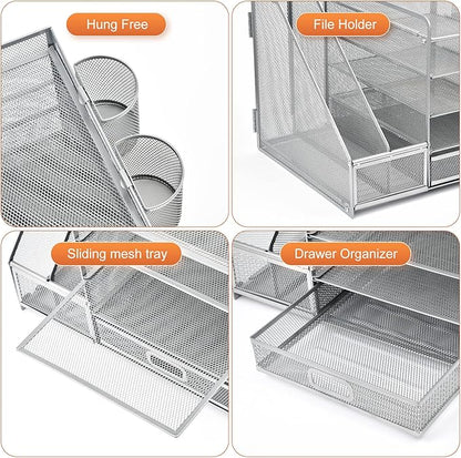 Marbrasse Desk Organizer with File Holder, 5-Tier Paper Letter Tray Organizer with Drawer and 2 Pen Holder, Mesh Desktop Organizer and Storage with Magazine Holder for Office Supplies (Silver)