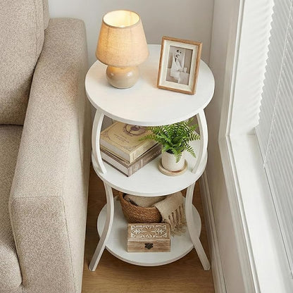 Vintage Small Round Side Table, 3-Tier Slim Waist Circular End Table with Storage Shelf, Compact Tea Sofa Table, Round Corner Coffee Table Nightstand for Living Room Bedroom Small Spaces,White