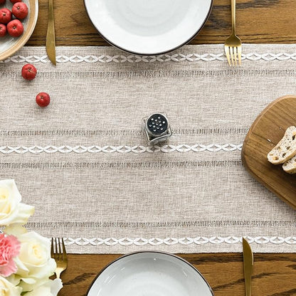 Artoid Mode Brown Rustic Cotton Linen Table Runner, Seasonal Embroidered Hollow Kitchen Dining Table Decoration for Home Party Decor 13x108 Inch