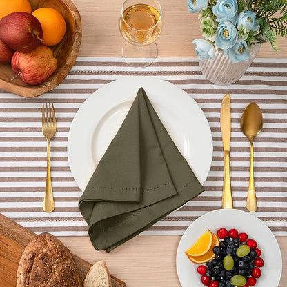 Blue Needles Set of 12 Hemstitch Linen Napkins 100% Cotton Olive Green Cloth Dinner Napkins 18x18 inches, Soft, Reusable, Absorbent, Washable Ideal for Fall Thanksgiving Events, Parties & Everyday Use