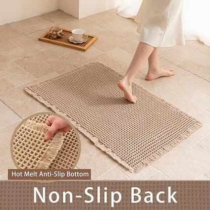 Waffle Bath Mat Non Slip, Boho Bathroom Rug, Super Absorbent Quick Dry Bathroom Mat, Soft Farmhouse Bath Rug with Tassels, Small Washable Shower Mats for Floor 16"x24", Brown