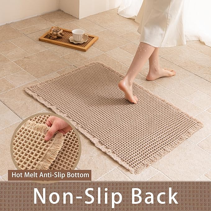 Waffle Bath Mat Non Slip, Boho Bathroom Rug, Super Absorbent Quick Dry Bathroom Mat, Soft Farmhouse Bath Rug with Tassels, Small Washable Shower Mats for Floor 20"x32", Brown